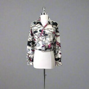 Vintage 70s Pink Bird Print Dagger Collar Top Shirt L